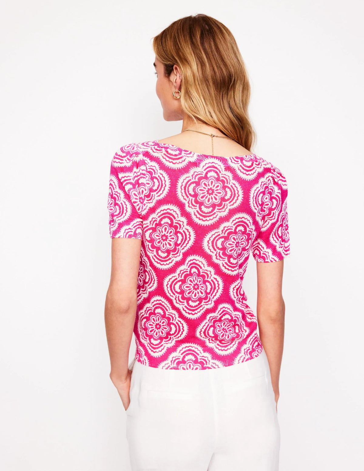 Liv Boat Neck Linen T-Shirt-Pink Peony, Botanic Blush