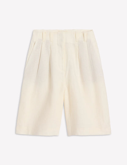 Pleat Linen Wide Leg Shorts-Ivory