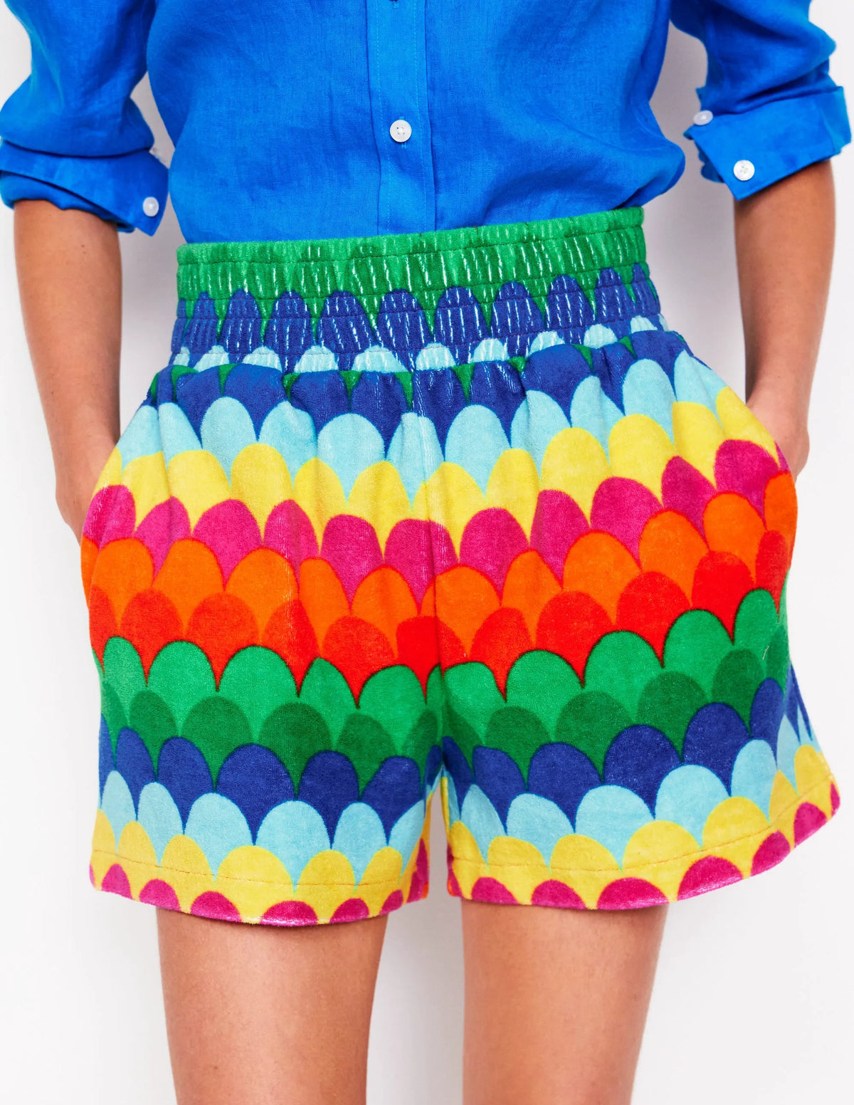 Smocked Towelling Short-Multi, Scallop Stripe