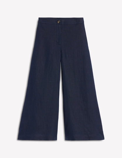 Wide Crop Linen Pants-Navy