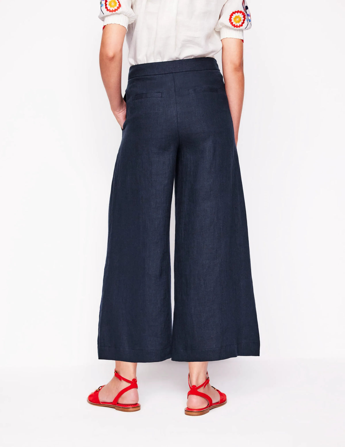 Wide Crop Linen Pants-Navy