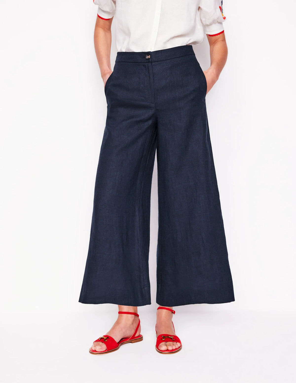 Wide Crop Linen Pants-Navy
