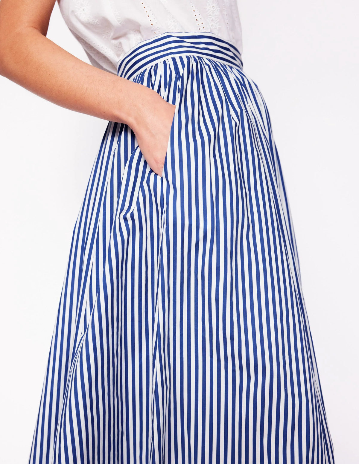 Full Poplin Maxi Skirt-Kingfisher Blue, Fine Stripe