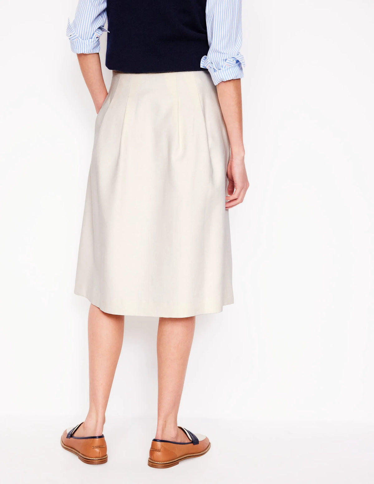 Pleat Detail Midi Skirt-Ivory