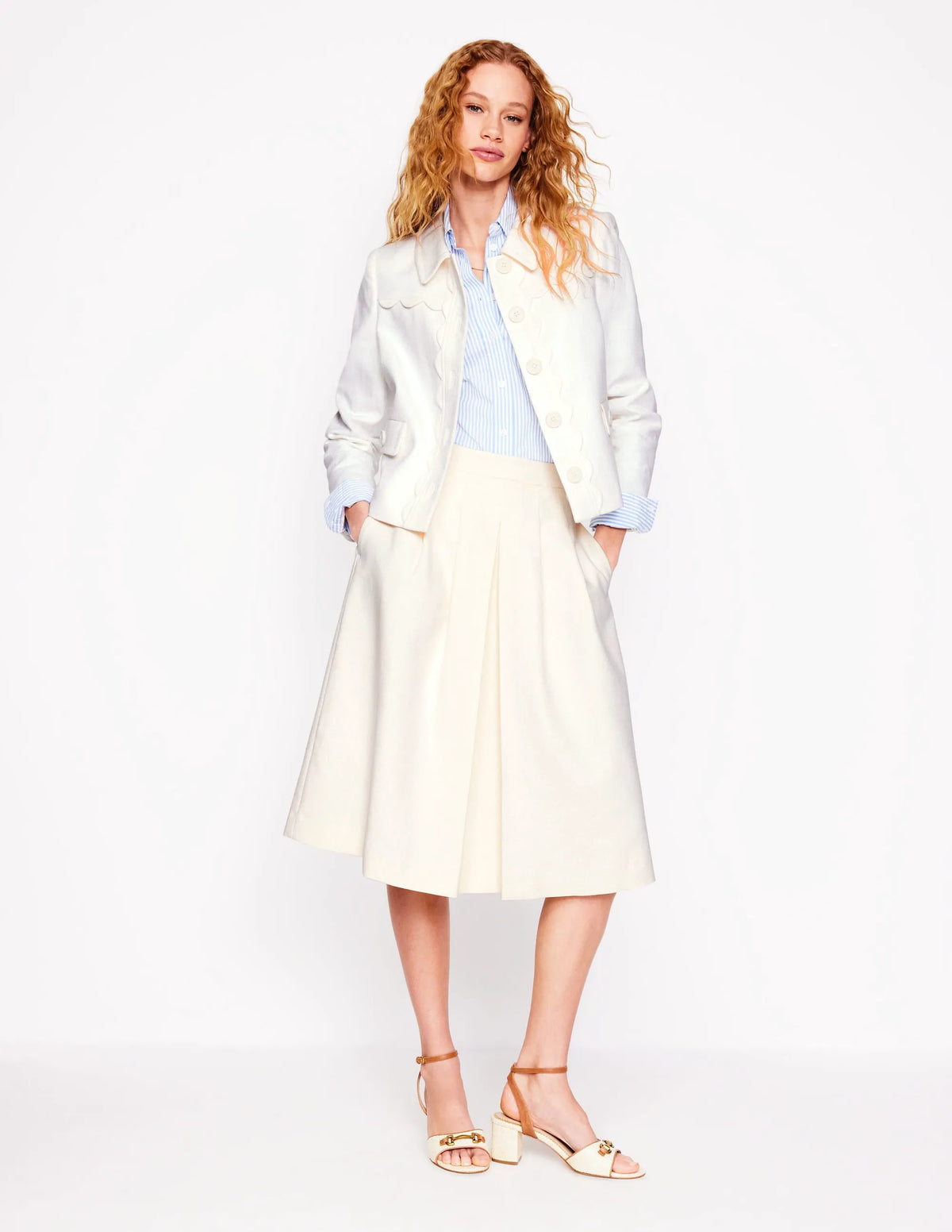 Pleat Detail Midi Skirt-Ivory