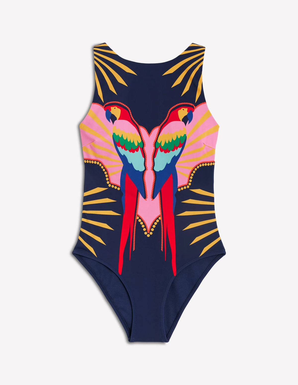 Slash Neck Tie Swimsuit-Navy Paradise Parrot
