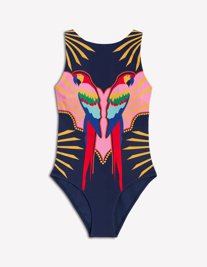 Slash Neck Tie Swimsuit-Navy Paradise Parrot