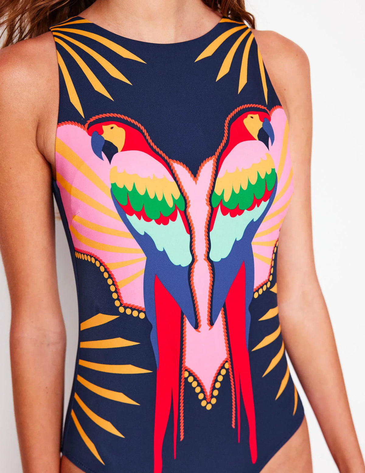 Slash Neck Tie Swimsuit-Navy Paradise Parrot