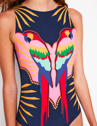 Slash Neck Tie Swimsuit-Navy Paradise Parrot