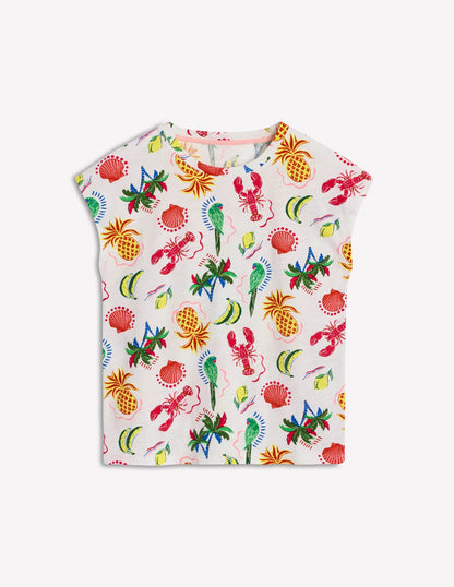 Louisa Cotton Slub T-shirt-Ivory, Tropical Bonanza
