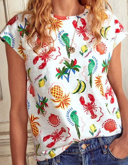 Louisa Cotton Slub T-shirt-Ivory, Tropical Bonanza