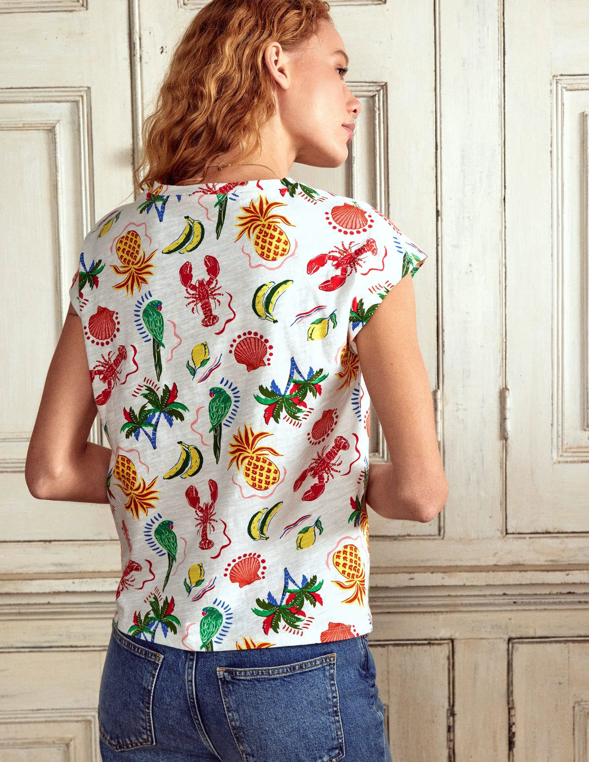 Louisa Cotton Slub T-shirt-Ivory, Tropical Bonanza
