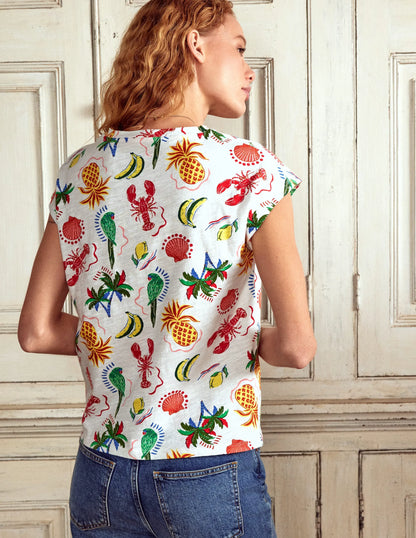 Louisa Cotton Slub T-shirt-Ivory, Tropical Bonanza