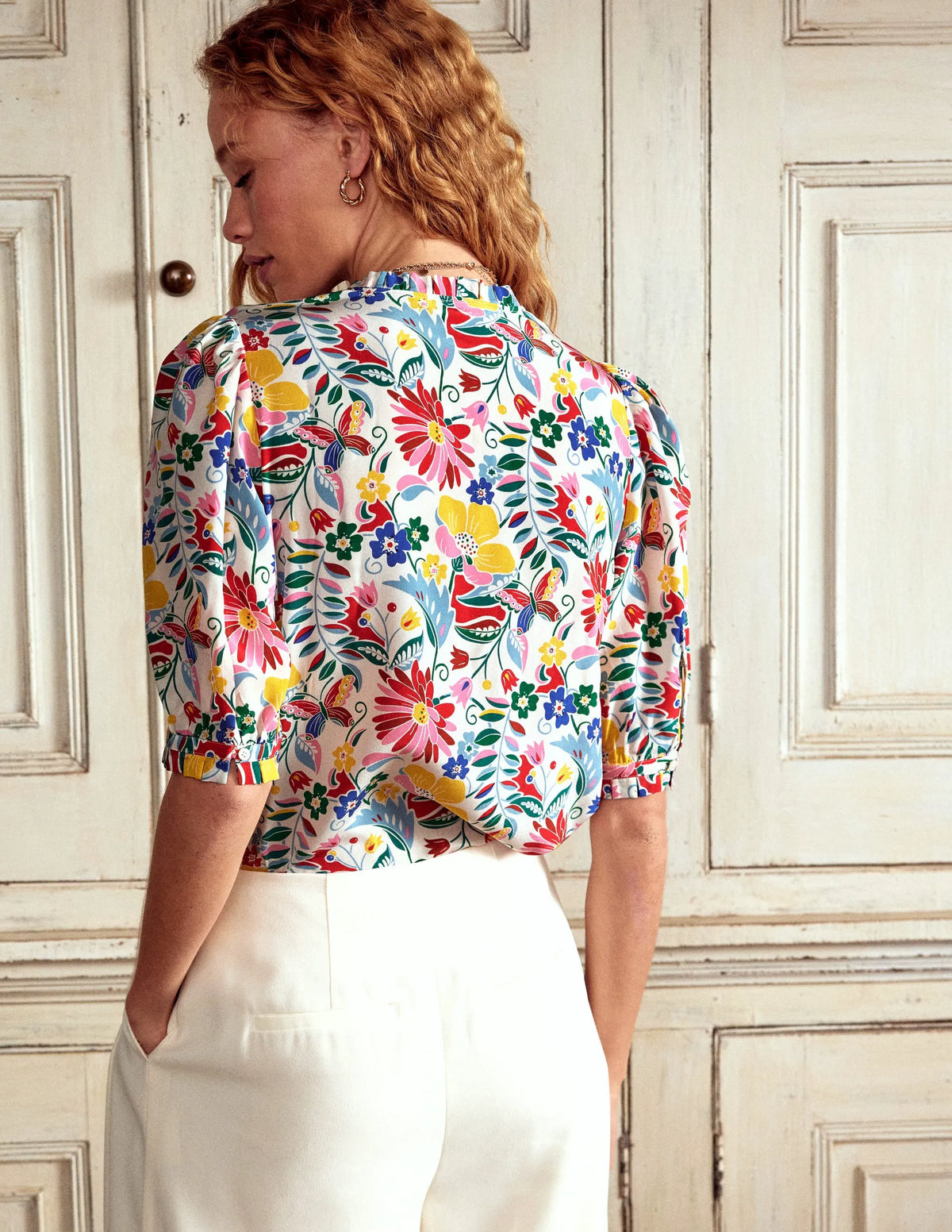 Frill Detail Silk Top-Multi, Wildflower Trail