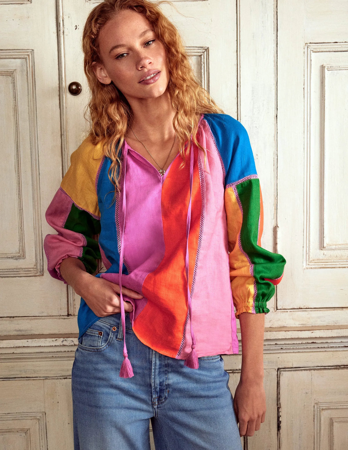 Linen Colour Block Top-Multi