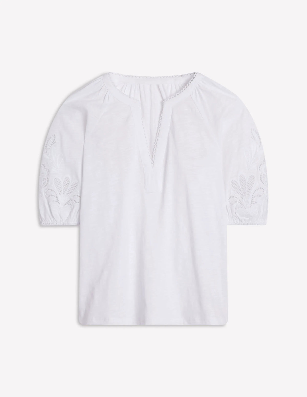 Cutwork Notch Neck Top-White