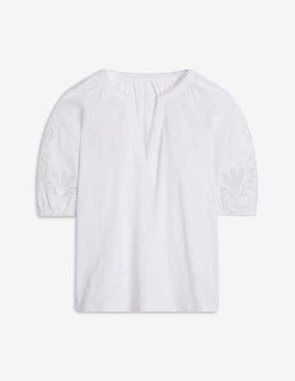 Cutwork Notch Neck Top-White