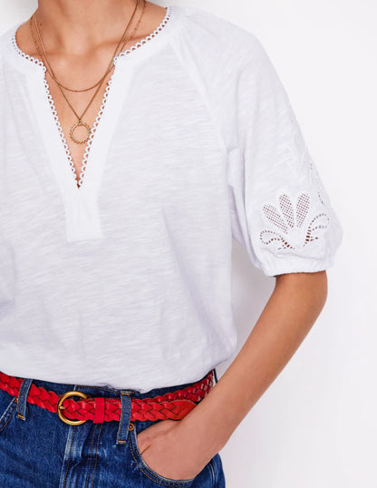 Cutwork Notch Neck Top-White