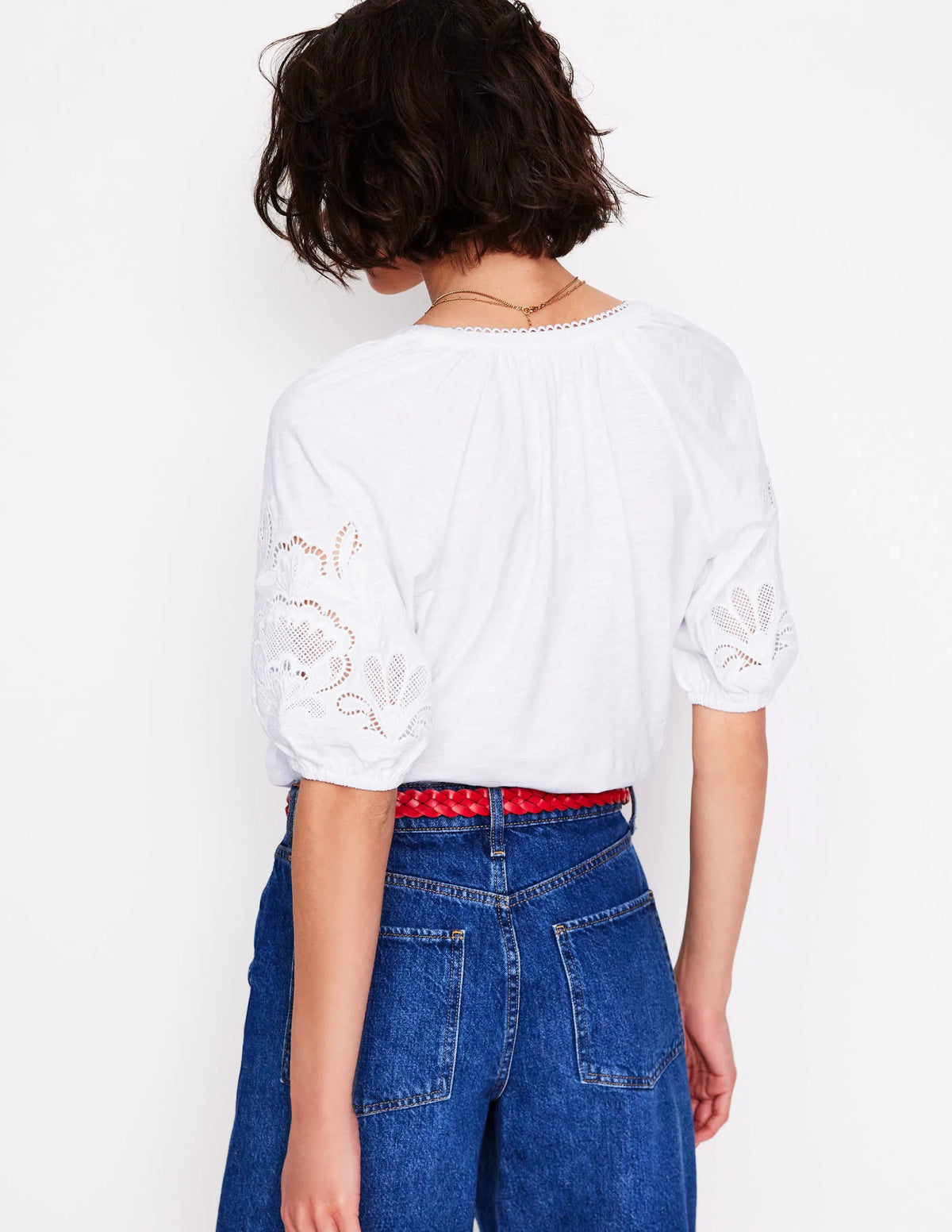 Cutwork Notch Neck Top-White