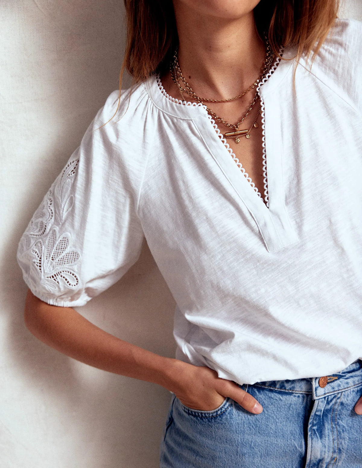 Cutwork Notch Neck Top-White