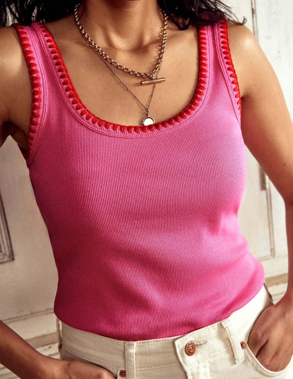 Crochet Trim Tank Top-Pink
