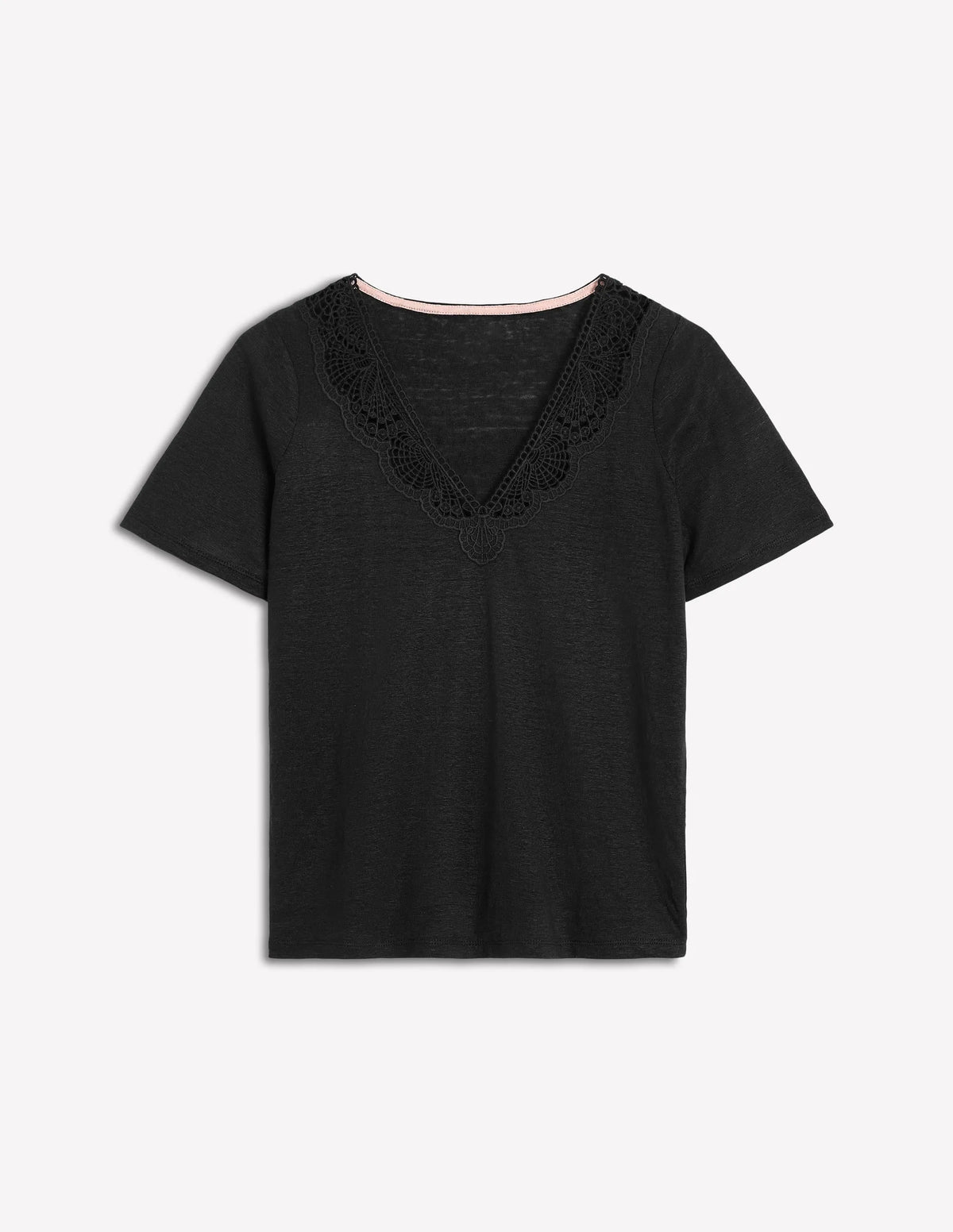 Lace Trim Linen T-shirt-Black