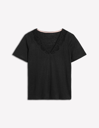 Lace Trim Linen T-shirt-Black