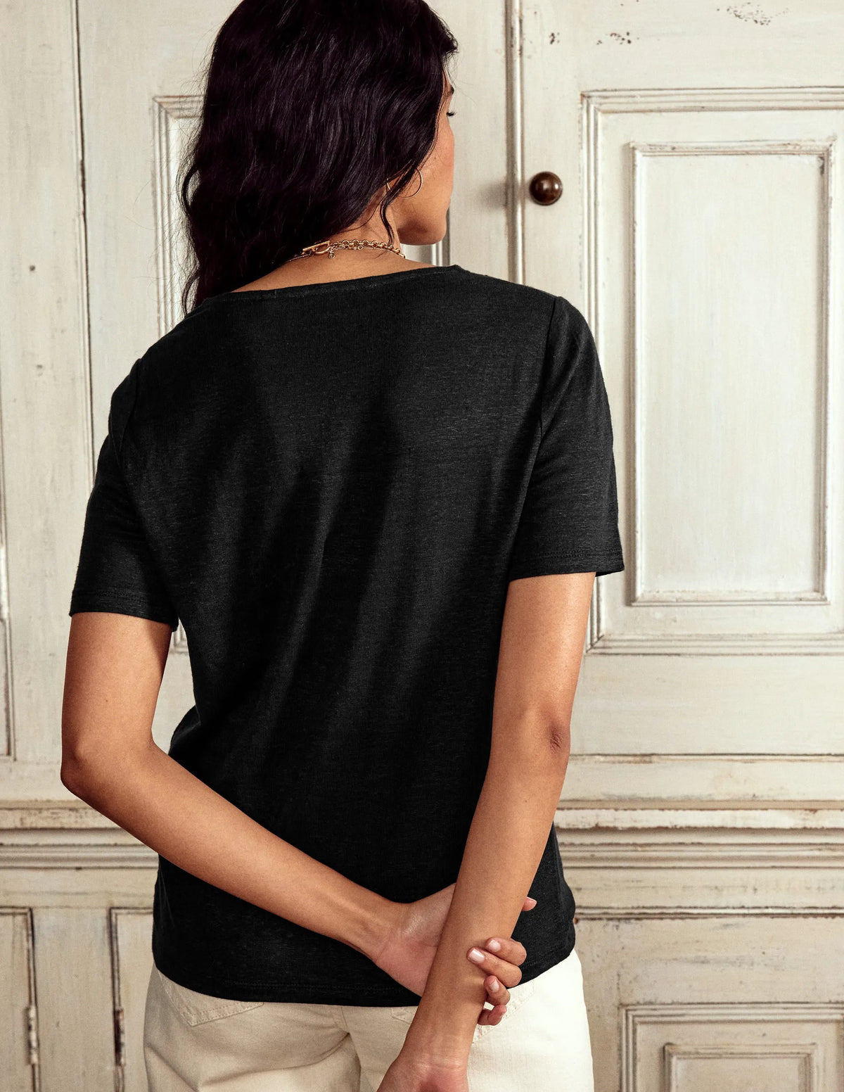 Lace Trim Linen T-shirt-Black