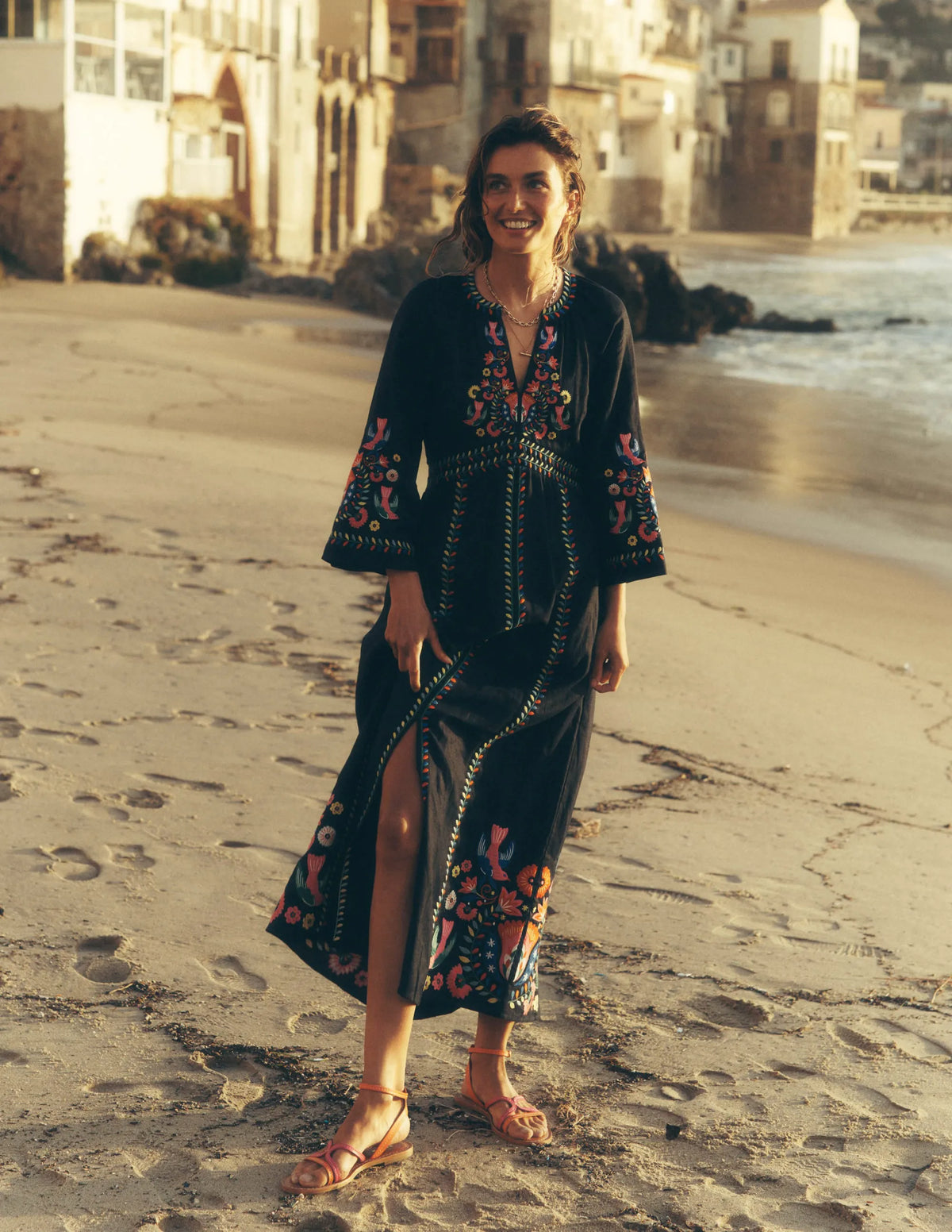 Una Linen Midi Dress-Navy, Multi Embroidery