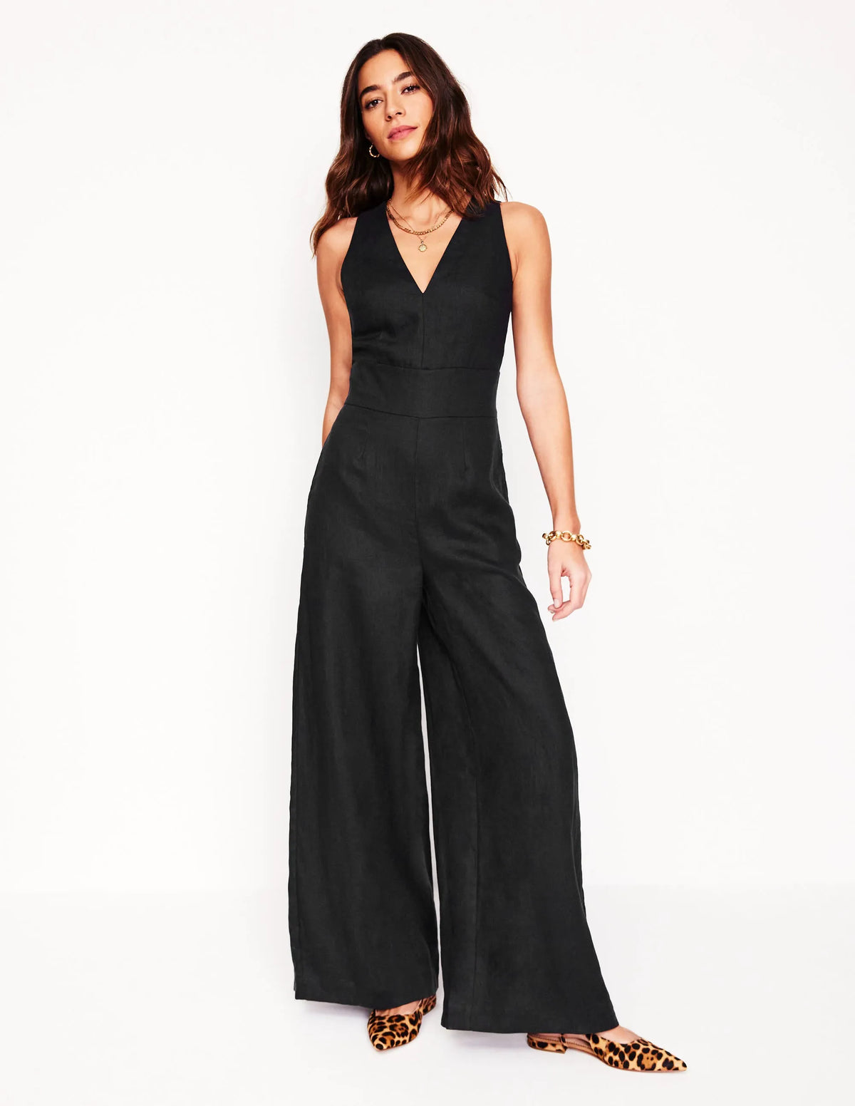 V-Neck Linen Jumpsuit-Black