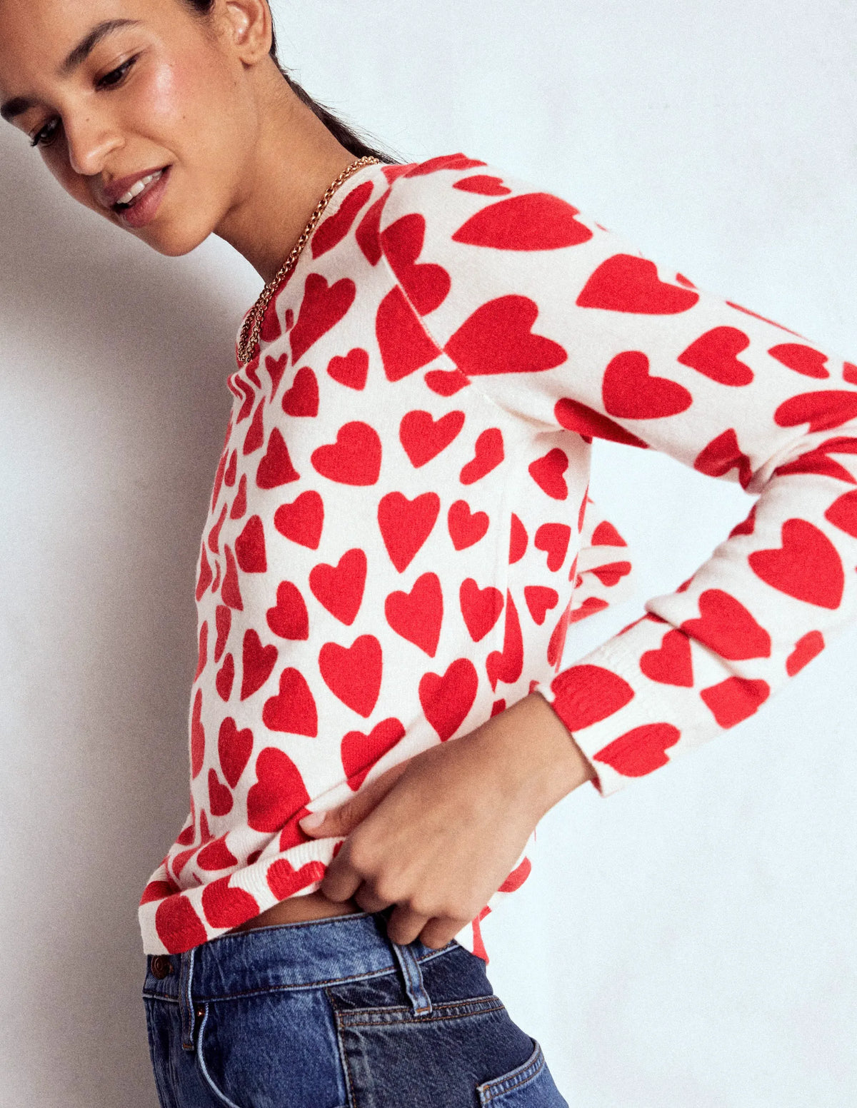Eva Cashmere Crew Neck Sweater-Ivory, Heart Cluster
