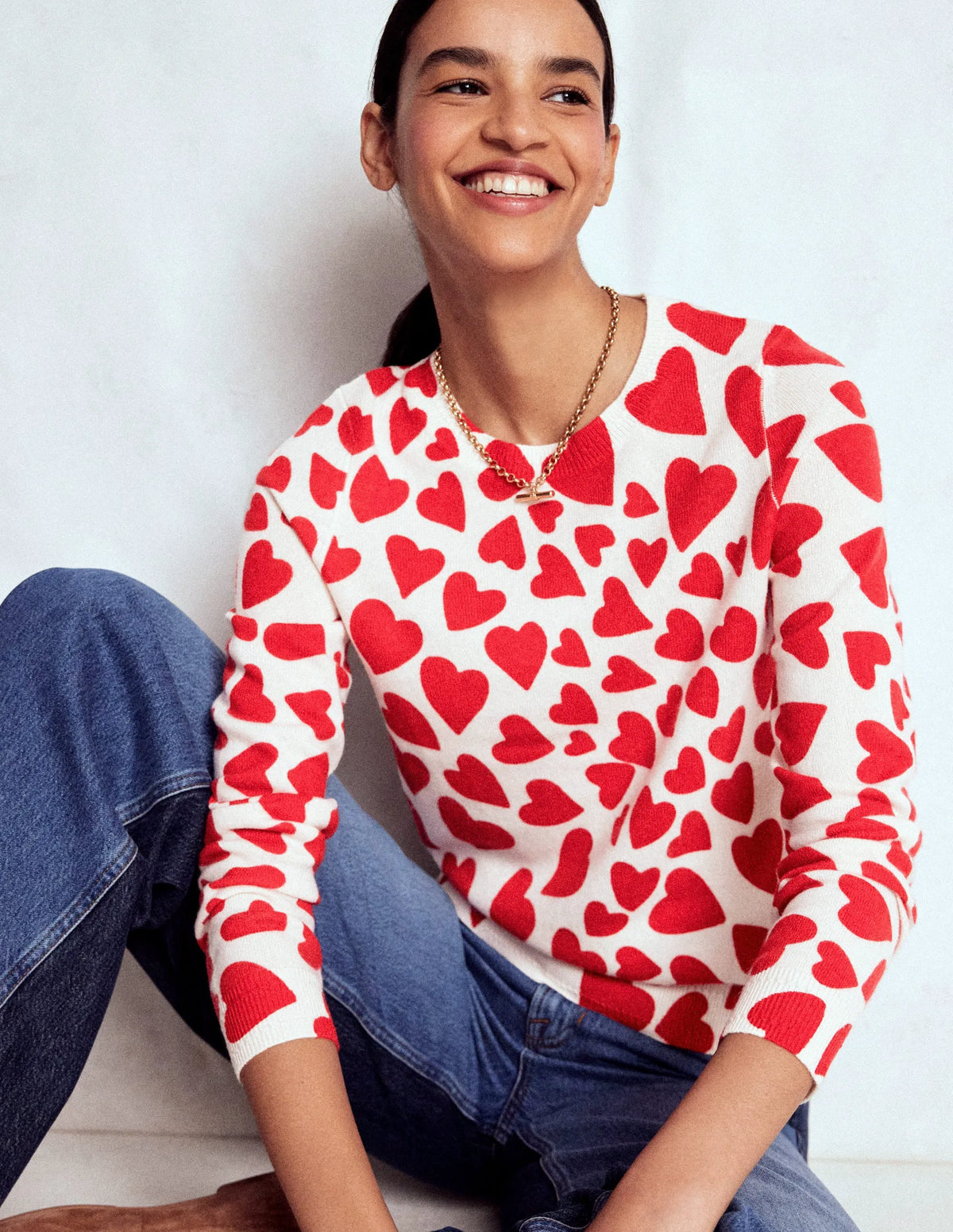 Eva Cashmere Crew Neck Sweater-Ivory, Heart Cluster