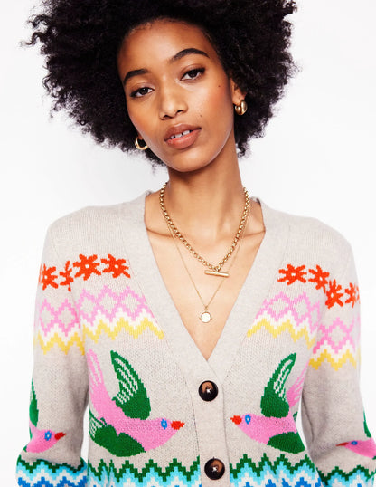 Fair Isle Boyfriend Cardigan-Oatmeal Melange, Birds