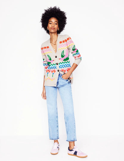 Fair Isle Boyfriend Cardigan-Oatmeal Melange, Birds