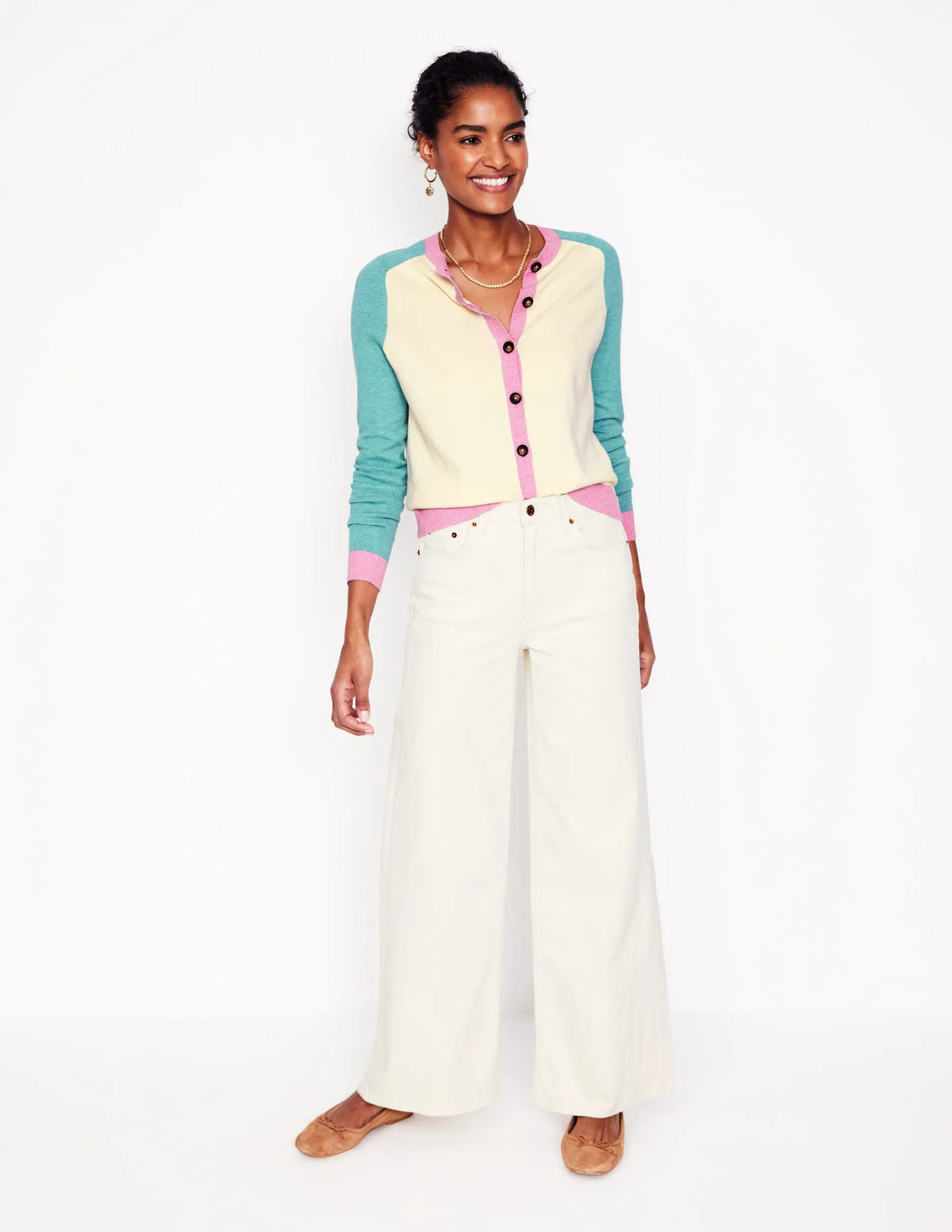 Meg Raglan Sleeve Cardigan-Warm Ivory, Colourblock