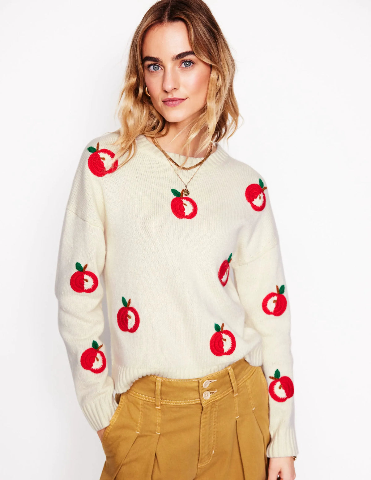Natalie Embroidered Sweater-Warm Ivory, Apples
