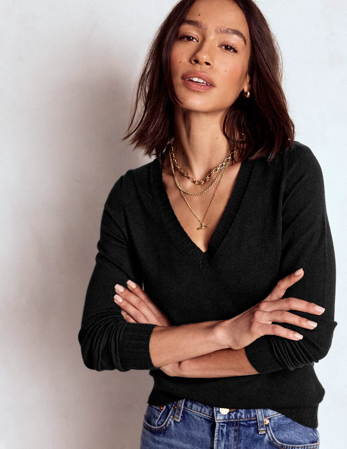 Emilia Cotton V Neck Sweater-Black