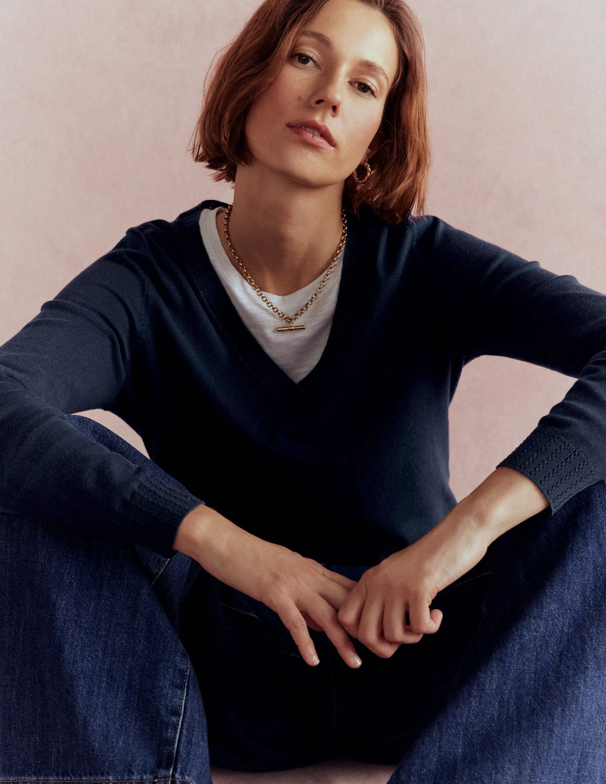 Emilia Cotton V Neck Sweater-Navy