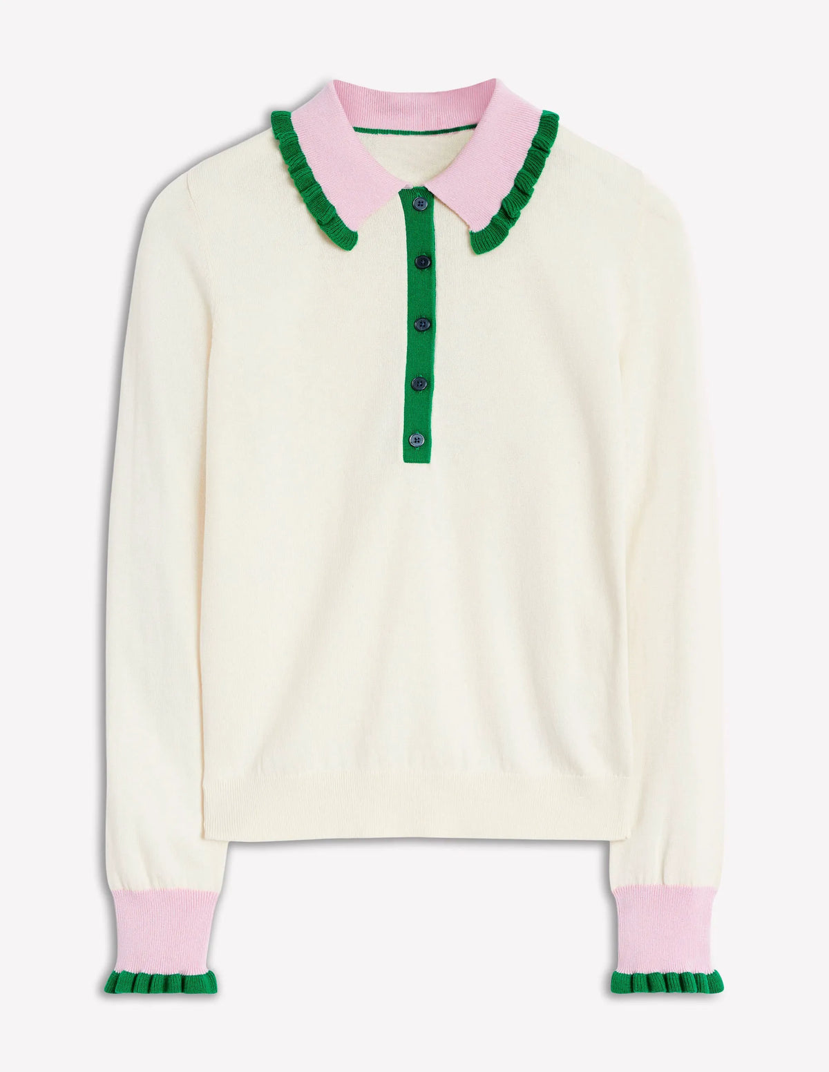 Cotton-Blend Frill Sweater-Warm Ivory/ Soft Lavender Pink