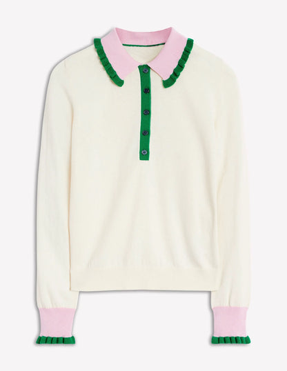 Cotton-Blend Frill Sweater-Warm Ivory/ Soft Lavender Pink