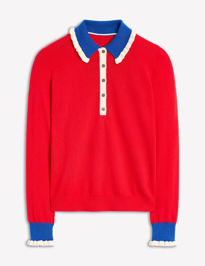 Cotton-Blend Frill Sweater-Poppy Red