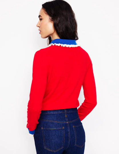 Cotton-Blend Frill Sweater-Poppy Red