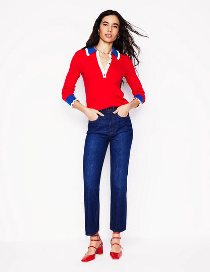 Cotton-Blend Frill Sweater-Poppy Red