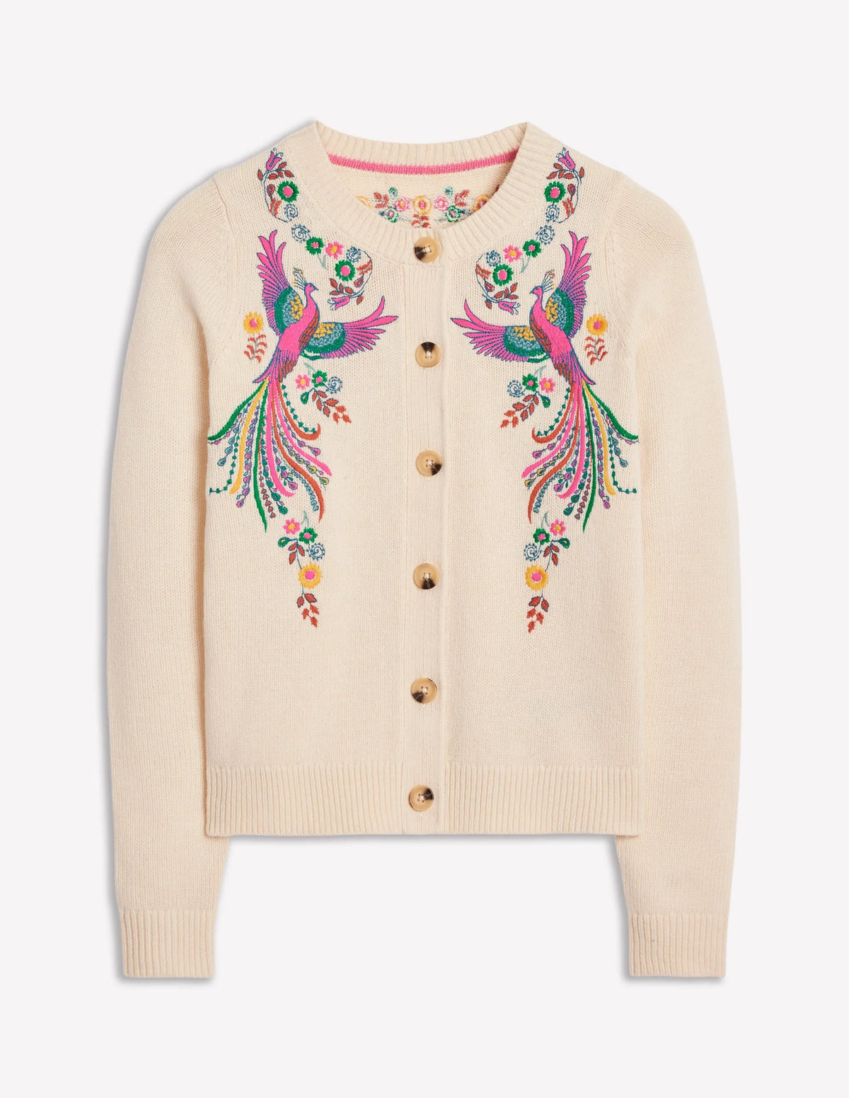 Embroidered Crew Neck Cardigan-Warm Ivory, Peacock