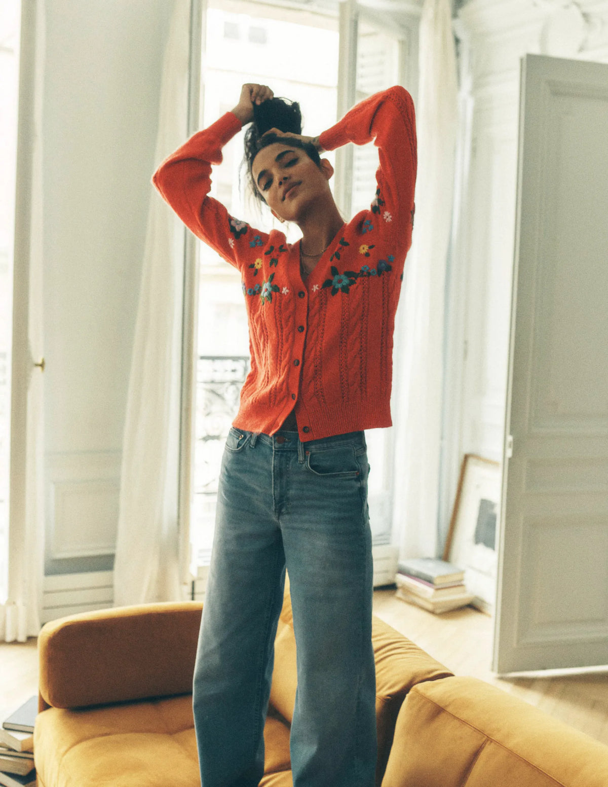 Fluffy Embroidered Cardigan-Firecracker Red