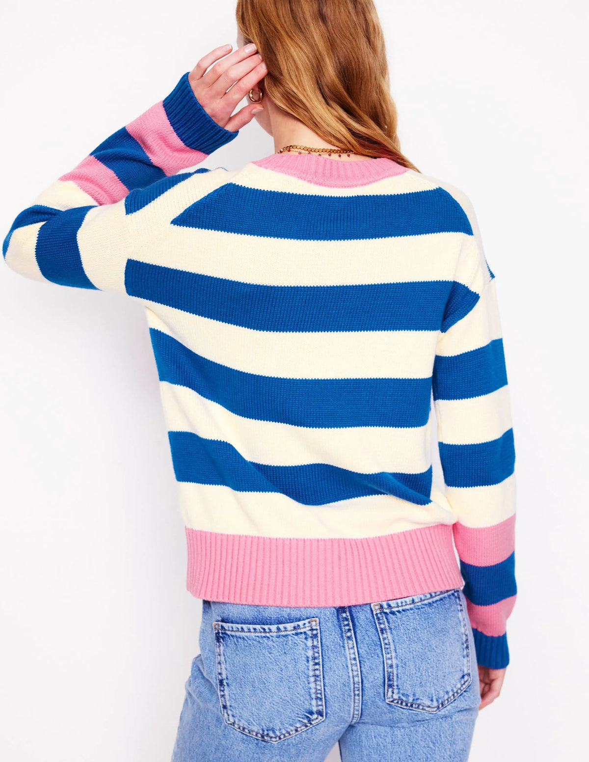 Lucinda Cotton Striped Sweater-Bright Blue, Pink Rose Cuff