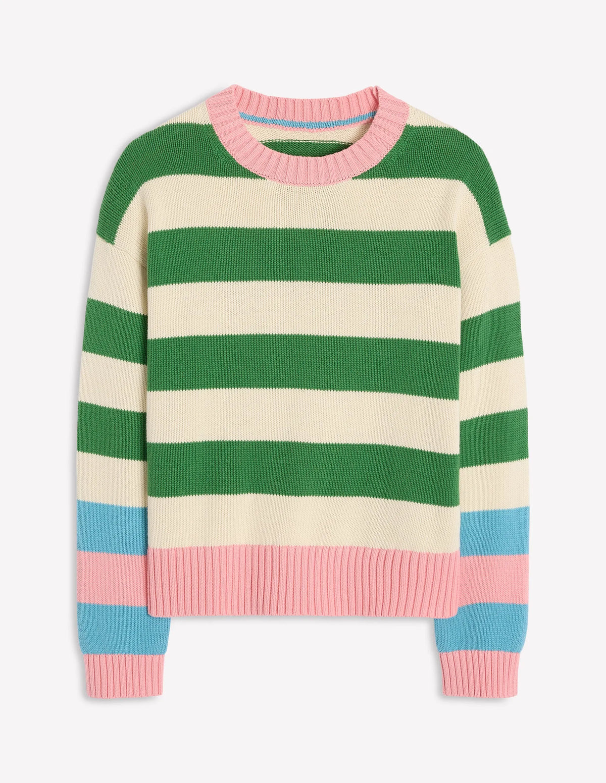 Lucinda Cotton Striped Sweater-Paradise Green, Pink Cuff