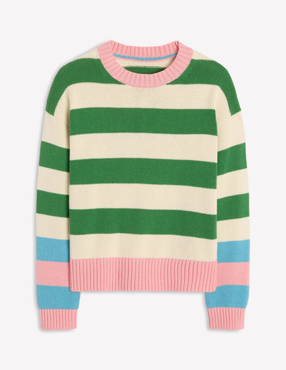 Lucinda Cotton Striped Sweater-Paradise Green, Pink Cuff