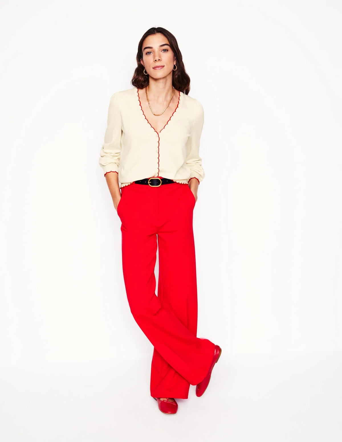 Pru Scallop Trim Cardigan-Warm Ivory