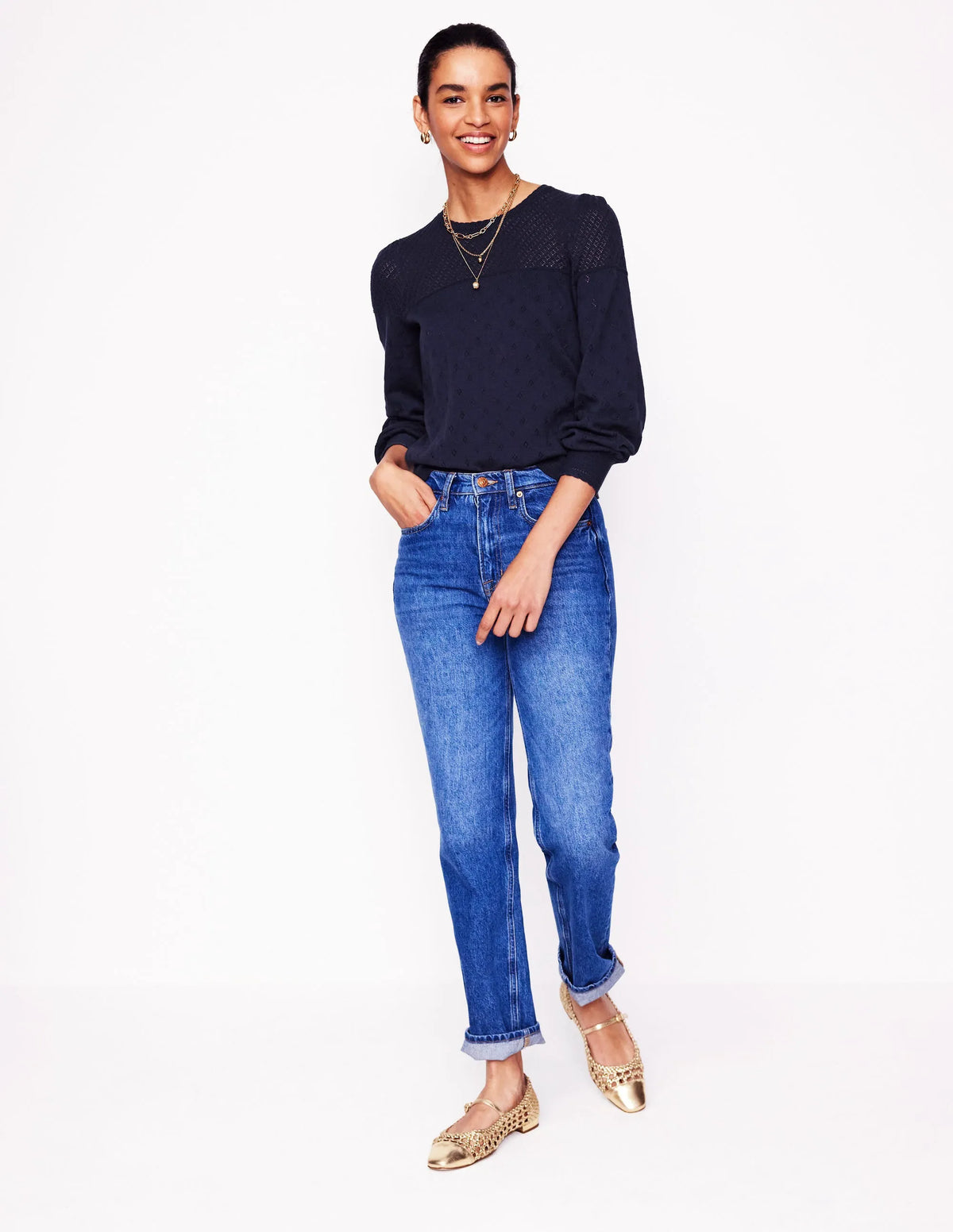 Rosalie Pointelle Sweater-Navy